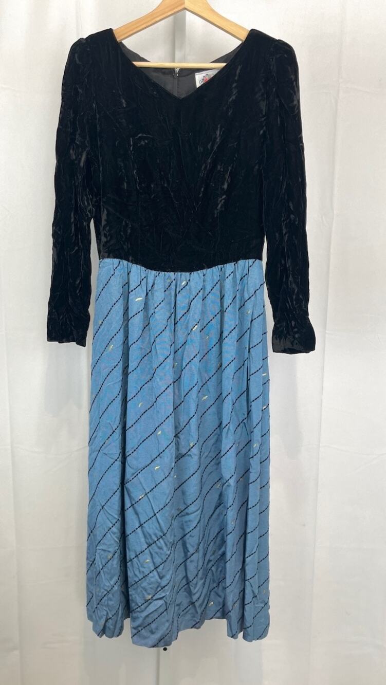 LANZ Originals Vintage 80s Midi Dress Rayon Velvet Long Sleeve Black Blue Size 8